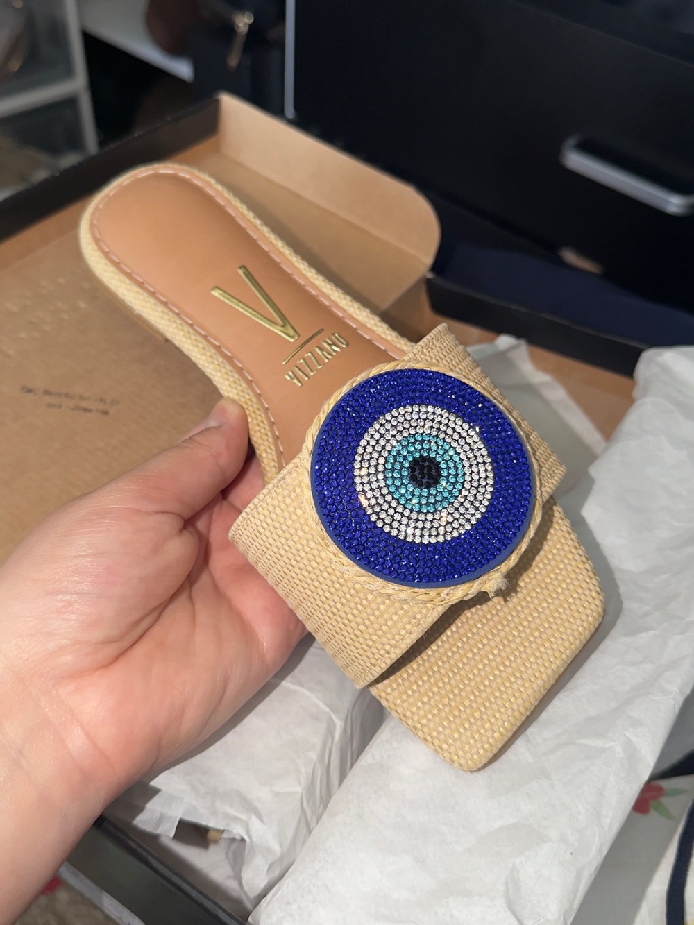Vizzano Evil Eye Beaded Raffia Slide Sandals